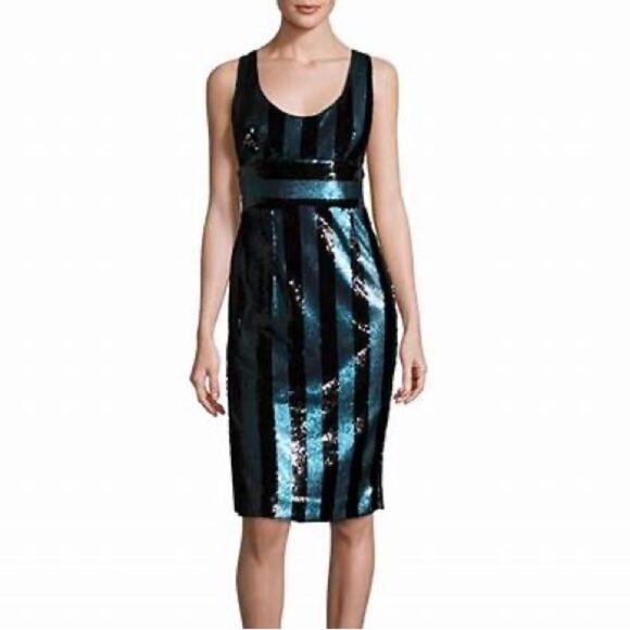 Milly Black Blue Sequin Striped Veronica Sleeveless Cocktail Dress Size 2 - Picture 1 of 11